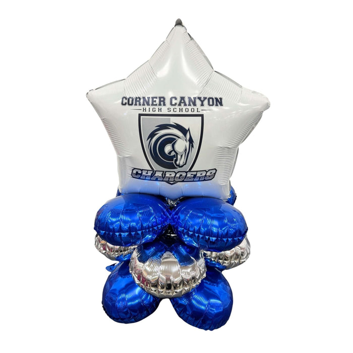 Silver star-shaped balloon with Corner Canyon High School Chargers logo and text, topped with blue and silver cluster balloons below.