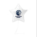 White star-shaped foil balloon with a dark blue circular logo and "CONGRATS NAME!" text printed on the front.