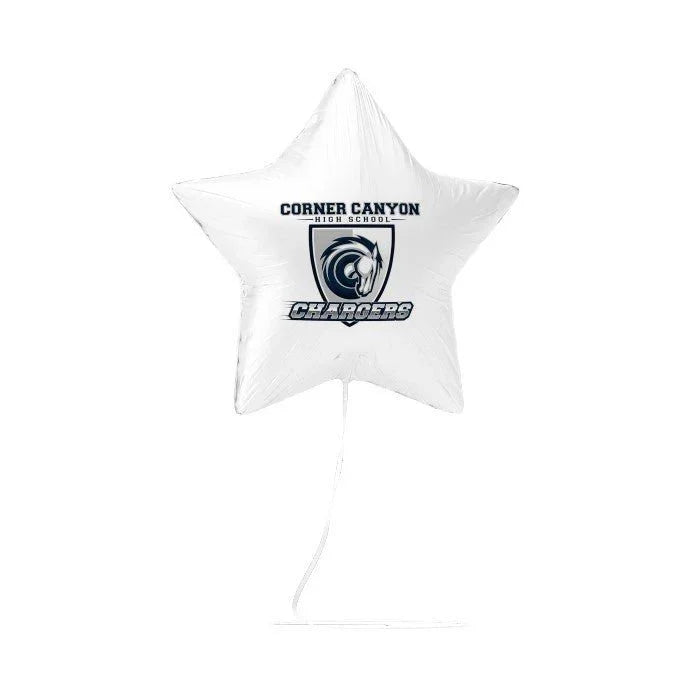 White star-shaped mylar balloon featuring the Corner Canyon High School Chargers logo and text in navy blue.