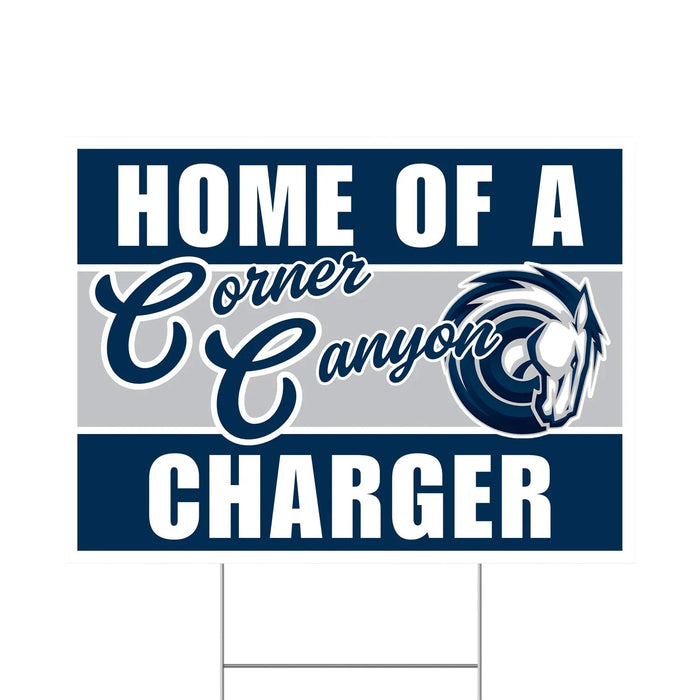 Navy and gray yard sign featuring "Home of a Corner Canyon Charger" text with a blue horse mascot logo in the center.