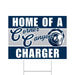 Navy and gray yard sign featuring "Home of a Corner Canyon Charger" text with a blue horse mascot logo in the center.