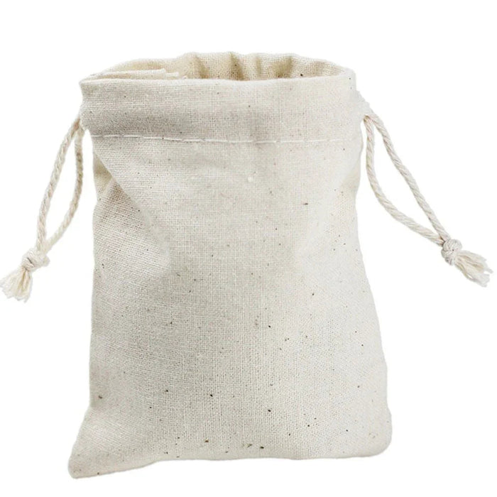 Natural canvas drawstring bag with a cream-colored woven cotton exterior, featuring matching rope handles and a gathered top closure.