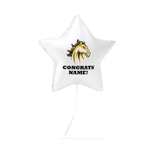 White star-shaped foil balloon featuring a gold horse head logo and black text reading "CONGRATS NAME!" with a white string attached.