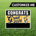Customizable graduation yard sign featuring black and gold stripes with a horse mascot, "Congrats Grad 2026" text, and blank space for personalization.