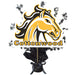 Yellow and black horse head logo with "Cottonwood" text on a black centerpiece spray with star decorations and a black ribbon bow.