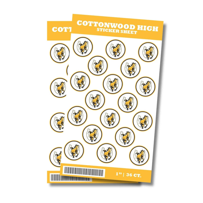 Cottonwood High School sticker sheet featuring 36 circular gold and white stickers with a bucking horse logo, each measuring 1 inch in diameter.