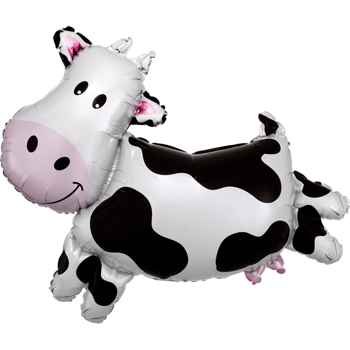 White and black cow-shaped mylar balloon with pink inner ears and a smiling pink face on the side.