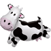 White and black cow-shaped mylar balloon with pink inner ears and a smiling pink face on the side.