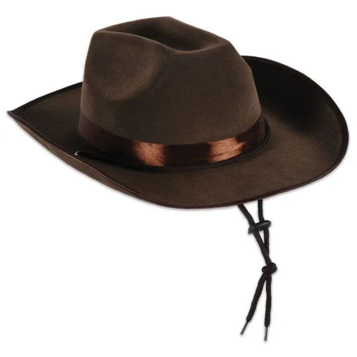 Brown felt cowboy hat with a copper-colored band around the crown and black chin strap.