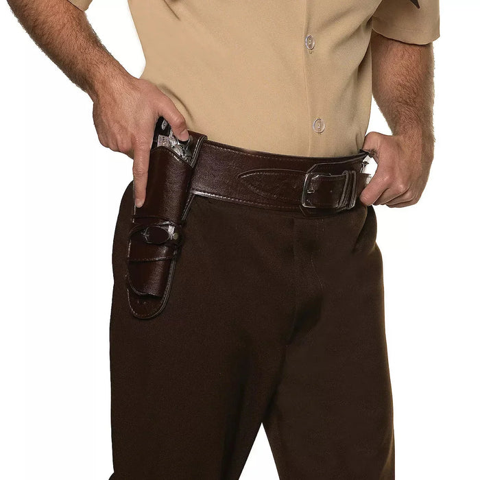 Man wearing a tan shirt and brown pants with a brown leather single gun holster and belt.