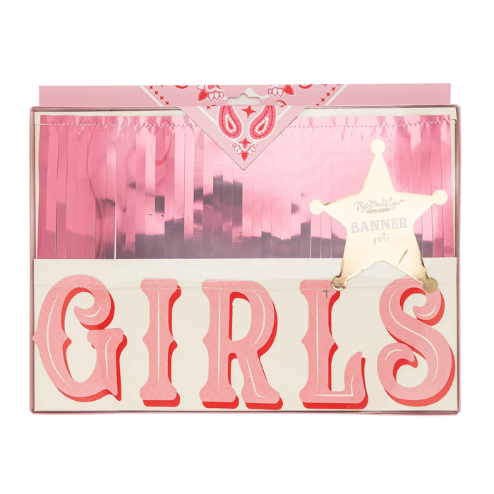 Pink and red decorative banner set featuring large "GIRLS" lettering with a cream star banner hanging above, packaged in a box with pink fringe and western-themed design elements.