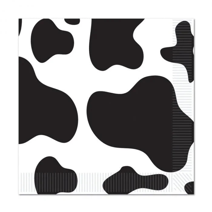 White lunch napkins with black cow spot pattern arranged in a square layout, 16 count package.