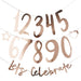 Rose gold metallic number banner featuring large digits 1, 2, 3, 4, 5, 6, 7, 8, 9, 0 with decorative stars and hearts, and "let's celebrate" text on strands.