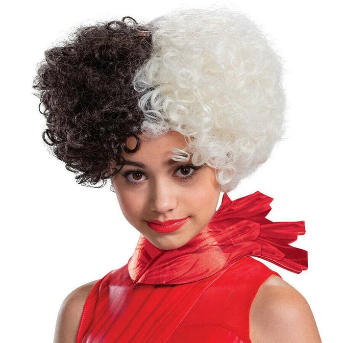 Two-toned curly wig with dark brown on the left side and white on the right side, styled in voluminous ringlets and shown on a model wearing bright red lipstick and a red ruffled collar.