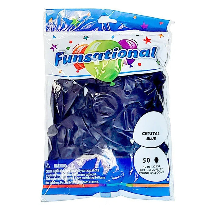 Pack of 50 crystal blue round latex balloons in a clear plastic Funsational branded bag with colorful confetti graphics and product details on the label.