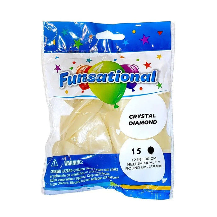 Clear latex balloons in a plastic package labeled Funsational, containing 15 twelve-inch helium-quality round balloons in crystal diamond color.
