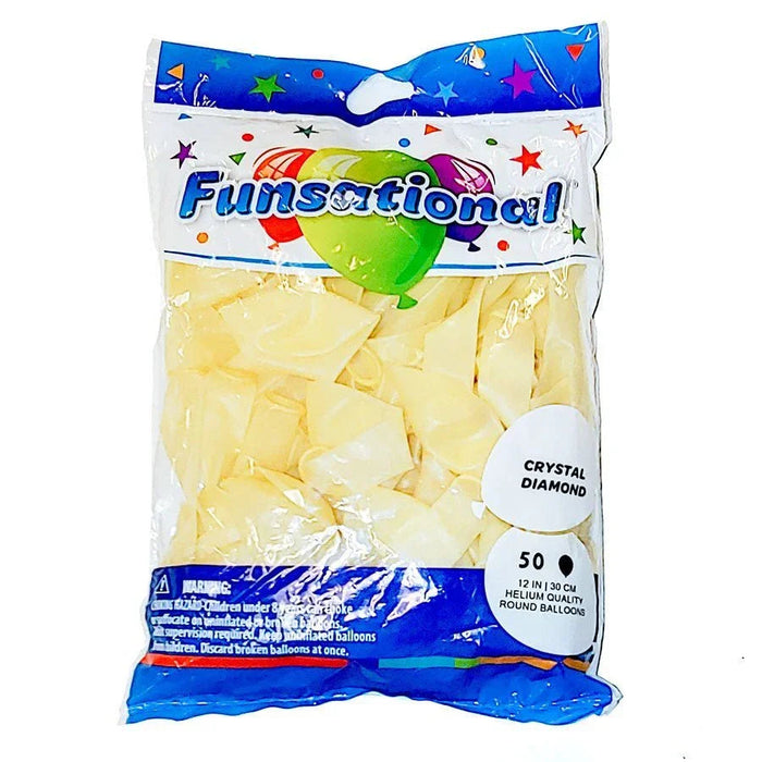 Package of 50 pale yellow round latex balloons labeled "Funsational Crystal Diamond" with colorful stars and balloon designs on the blue header.
