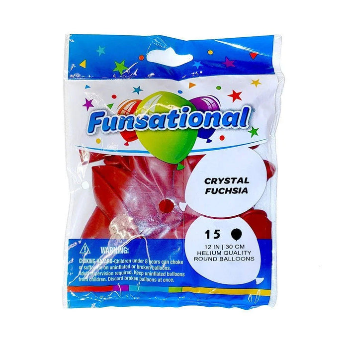 Funsational brand package of 15 crystal fuchsia round balloons, 12 inches, with colorful stars and decorative elements on white and blue packaging.