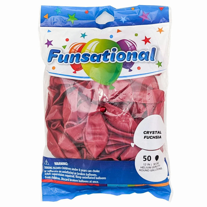 Package of 50 crystal fuchsia 12-inch round latex balloons with colorful star and confetti design on blue and white packaging.