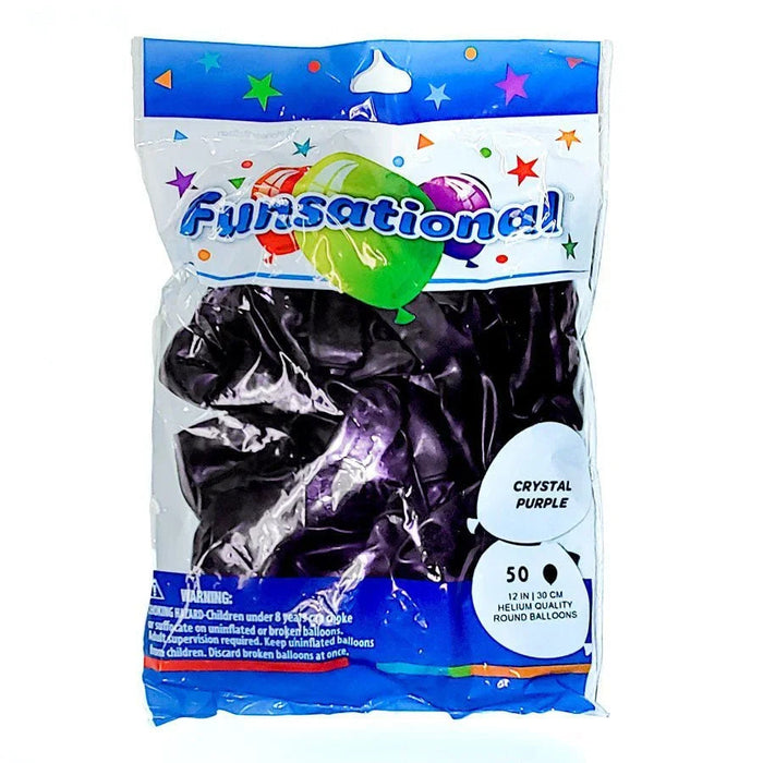 Pack of 50 crystal purple 12-inch round latex balloons in a clear plastic bag with colorful star and balloon graphics on the blue and white header label.