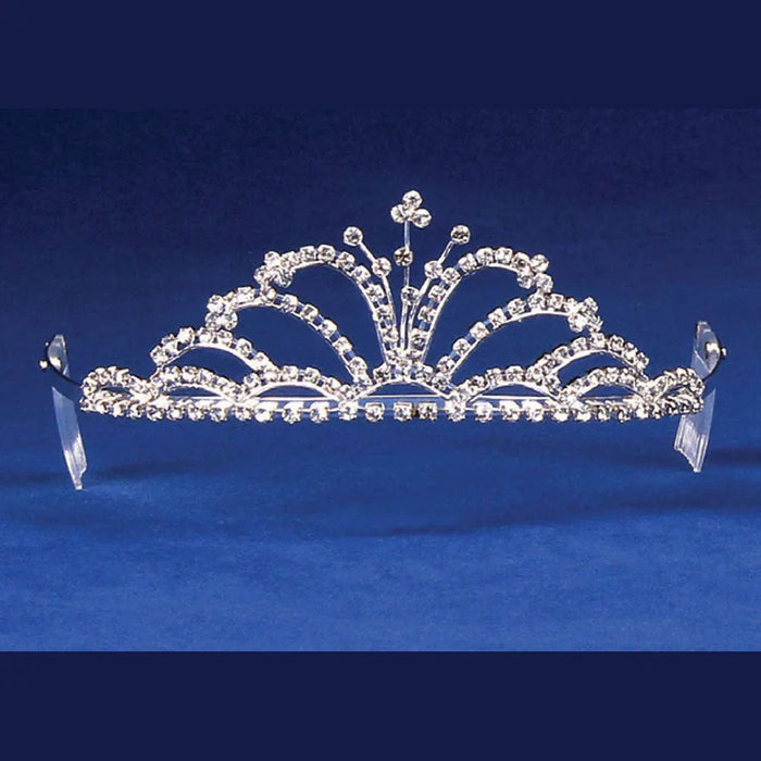 Silver-toned tiara with multiple curved arches studded with clear crystals, displayed against a blue background.
