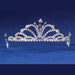 Silver-toned tiara with multiple curved arches studded with clear crystals, displayed against a blue background.