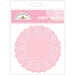 Pack of 75 pink paper doilies with scalloped edges and white cutout pattern, designed for cupcake decorating.
