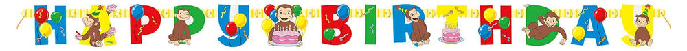 Colorful jointed paper banner featuring Curious George the monkey in various poses with balloons and birthday cake decorations in red, blue, yellow, and green.