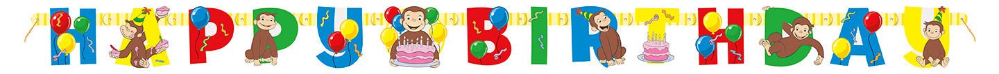 Colorful jointed paper banner featuring Curious George the monkey in various poses with balloons and birthday cake decorations in red, blue, yellow, and green.