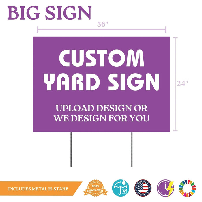 Purple rectangular yard sign measuring 36 inches wide by 24 inches tall with white text reading "Custom Yard Sign" and "Upload Design or We Design for You," includes metal H-stake for ground installation.