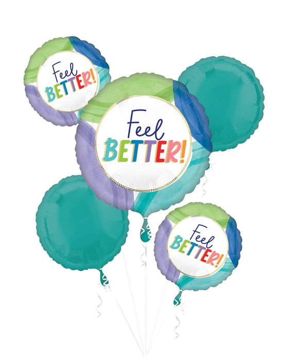 Five colorful foil balloons in teal, green, blue, and purple featuring "Feel Better!" text in multicolored letters arranged in a bouquet formation.