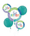 Five colorful foil balloons in teal, green, blue, and purple featuring "Feel Better!" text in multicolored letters arranged in a bouquet formation.