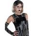 Person wearing black and gray geometric circuit board patterned face makeup, armor-style shoulder and arm pieces, and a matching sleeveless bodysuit with glowing line designs.