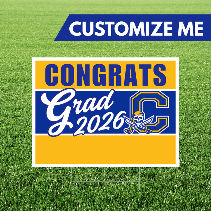 Graduation-themed customizable sign with 'Congrats Grad 2026' on a grass background