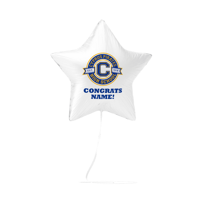 White star-shaped foil balloon featuring a blue and gold school crest logo with "CONGRATS NAME!" text below it.