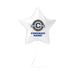 White star-shaped foil balloon featuring a blue and gold school crest logo with "CONGRATS NAME!" text below it.