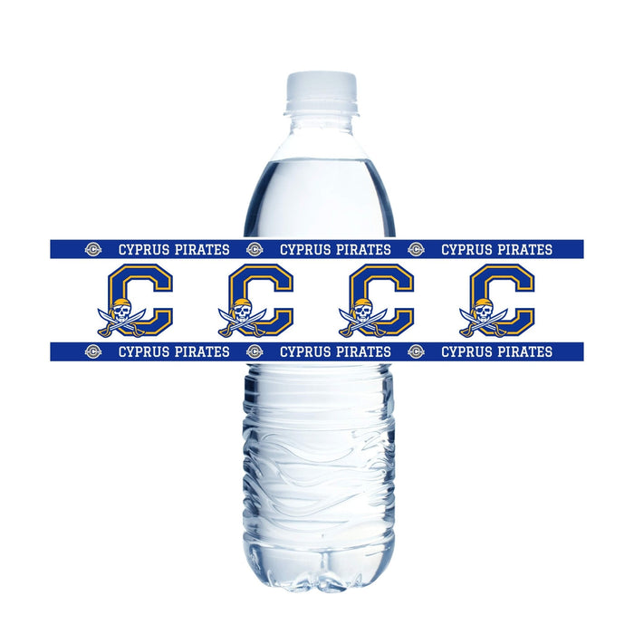 Water bottle label featuring Cyprus Pirates branding with blue and gold "C" logos and skull crossed swords emblem repeated across white bands wrapping around a clear plastic water bottle.