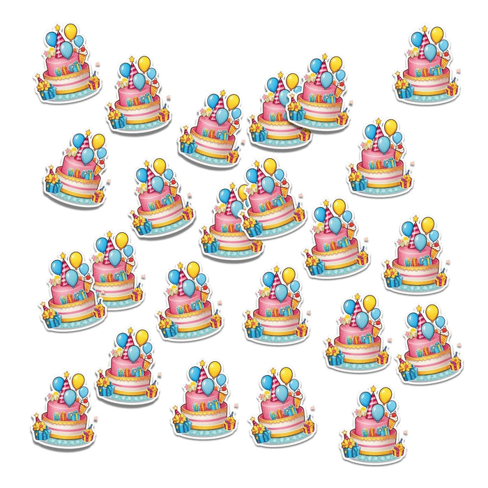 Twenty-four colorful birthday cake decorations featuring pink tiered cakes with blue and yellow balloons, gift boxes, and star toppers arranged on a white background.