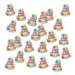 Twenty-four colorful birthday cake decorations featuring pink tiered cakes with blue and yellow balloons, gift boxes, and star toppers arranged on a white background.