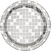 Silver and white checkered paper plates with a mirrored disco ball design, shown as a set of eight nine-inch plates.