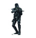 Black armored stormtrooper action figure with rifle and tactical gear standing in ready pose against white background.