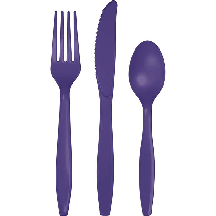 Three deep purple plastic utensils displayed vertically: a fork with four tines on the left, a serrated knife in the center, and a spoon on the right.