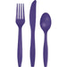 Three deep purple plastic utensils displayed vertically: a fork with four tines on the left, a serrated knife in the center, and a spoon on the right.