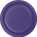 Deep purple paper plate with a ridged rim and concentric circular design on a white background.