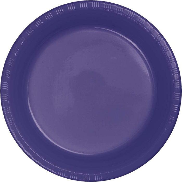 Deep purple disposable plastic plate with ridged rim and smooth center, shown from above.
