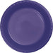 Deep purple disposable plastic plate with ridged rim and smooth center, shown from above.