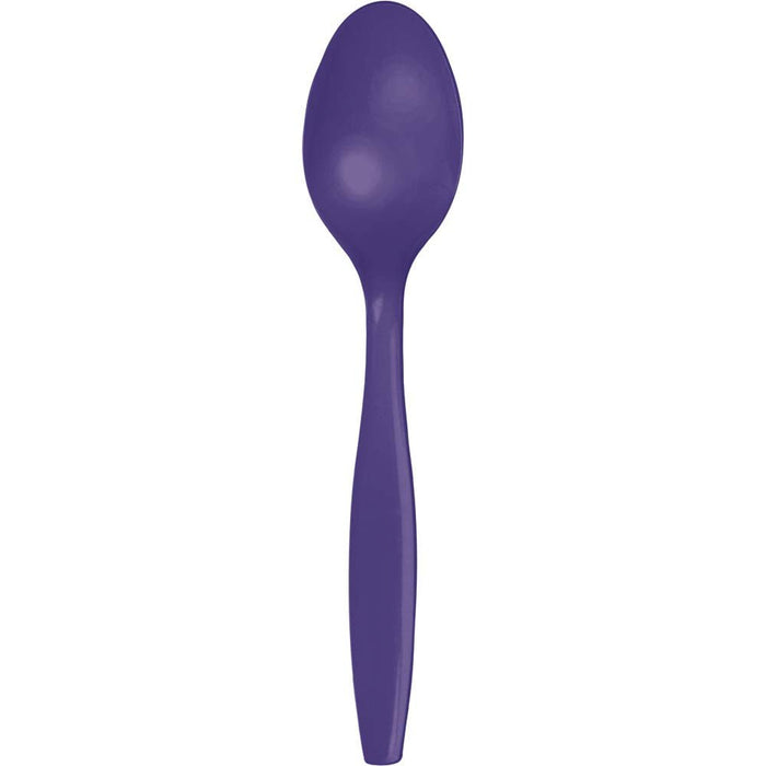 Deep purple plastic spoon with an oval bowl and tapered handle, shown against a white background.