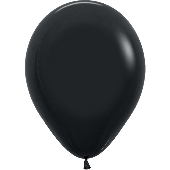 Black latex balloon with an oval shape and glossy finish, shown fully inflated with a small black tie at the bottom.
