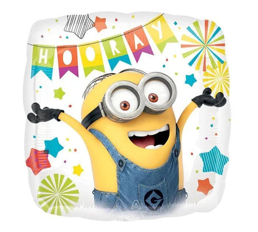 Square white mylar balloon featuring a cheerful yellow minion character with large googly eyes and blue overalls, surrounded by colorful "Hooray" banner text, stars, and festive confetti designs.