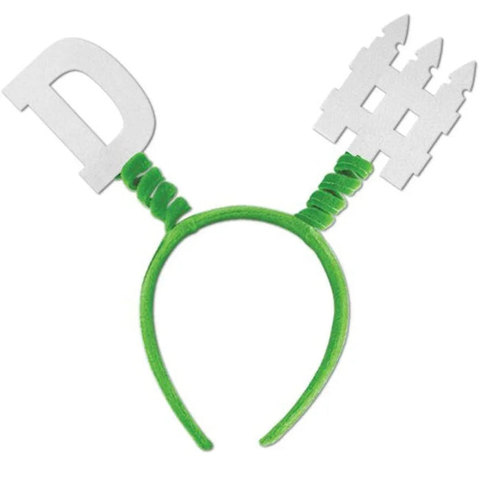 Green headband with wrapped foam strips on the stems, topped with white foam castle tower and shield-shaped pieces.